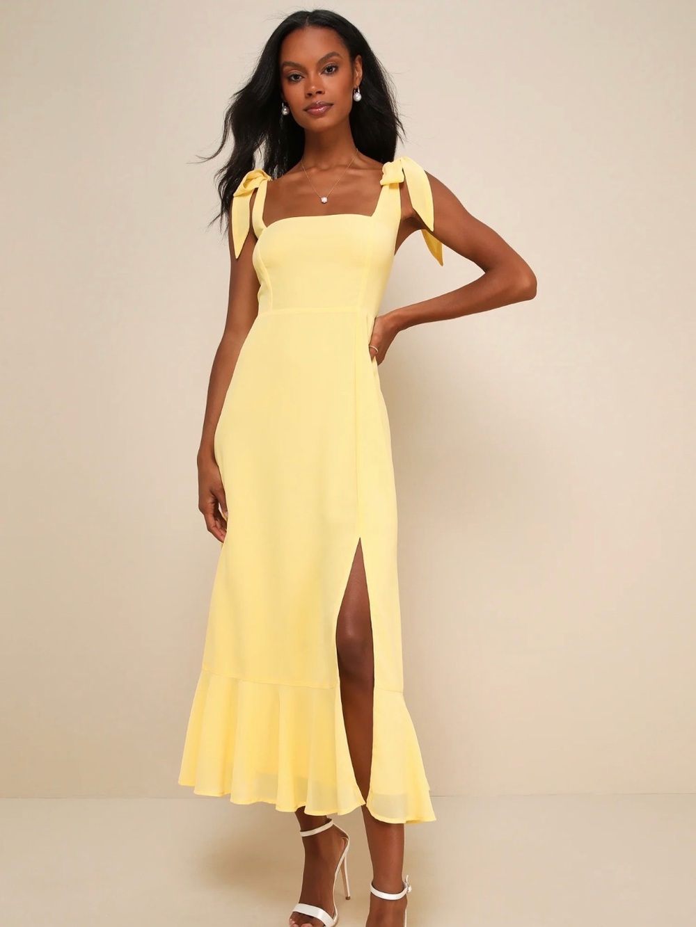 Summer Invite Yellow Tie-Strap Tiered Midi Dress